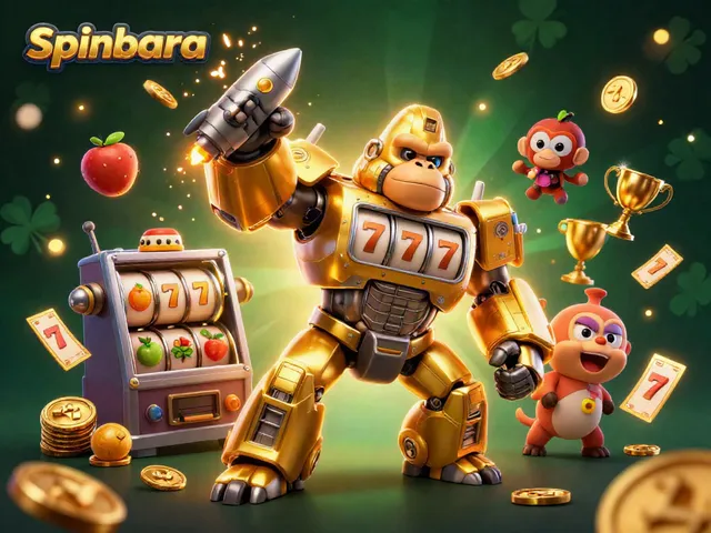Spinbara's golden gorilla mech unleashes a flurry of slots and coins in a vibrant casino showdown.