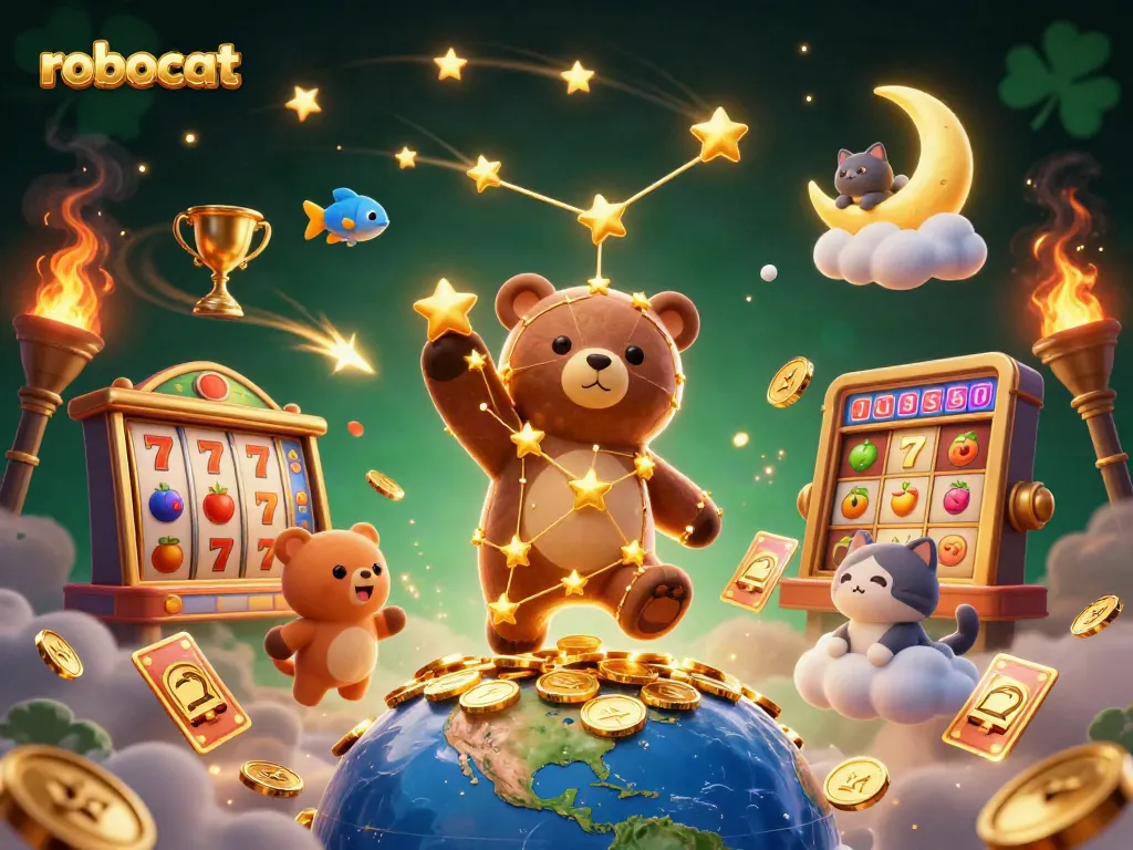 Win big at Robocat Casino with lively slot reels and an engaging casino environment featuring sparkling coins.