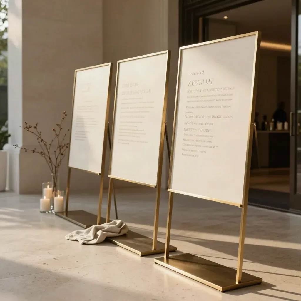 Carteles de evento sobre soporte metálico, con velas y ramas secas en un acceso cálido.