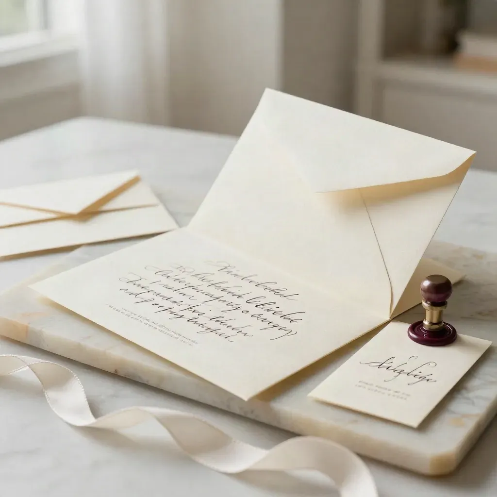 Suite de invitación de boda con sobre forrado, sello de cera y papel marfil sobre mármol cálido.
