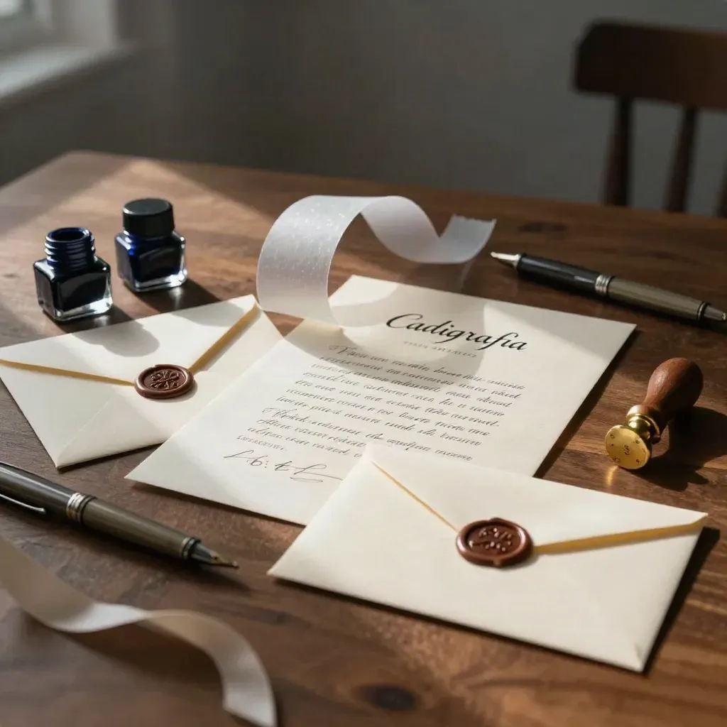 Suite de invitación de boda artesanal sobre mesa de nogal, con sellos de lacre y plumas.