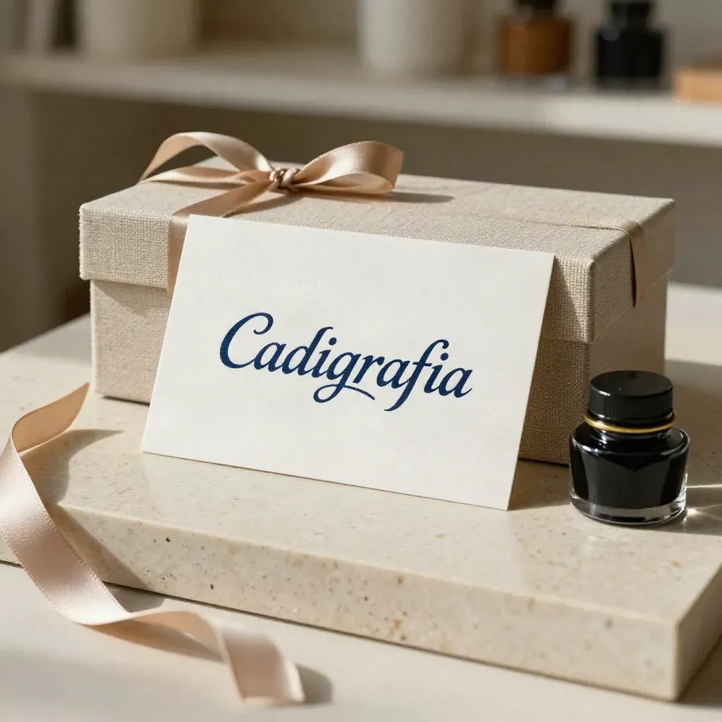 Tarjeta de algodón con logotipo manuscrito, caja entelada, cinta azul y hoja de pruebas sobre piedra clara.