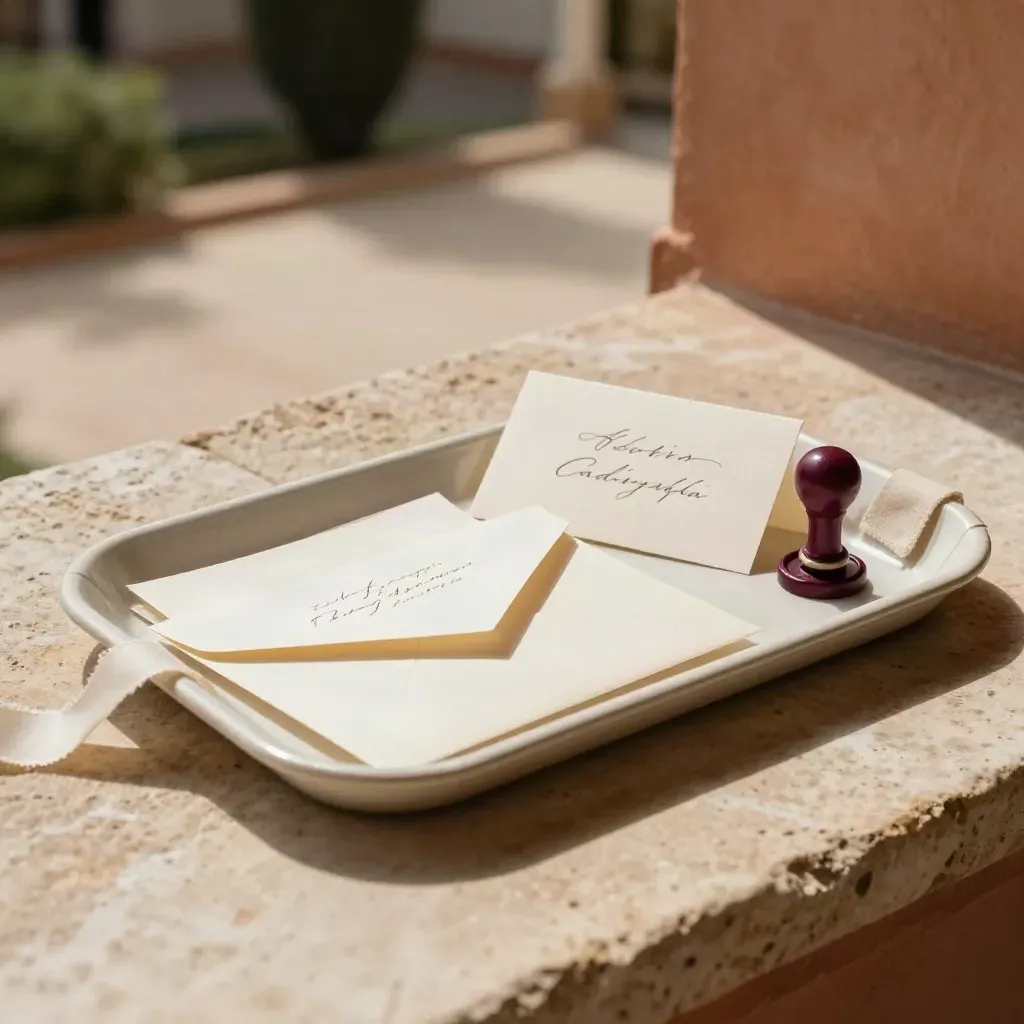 Sobres crema con lacre burdeos sobre piedra en un patio soleado, estilo elegante.