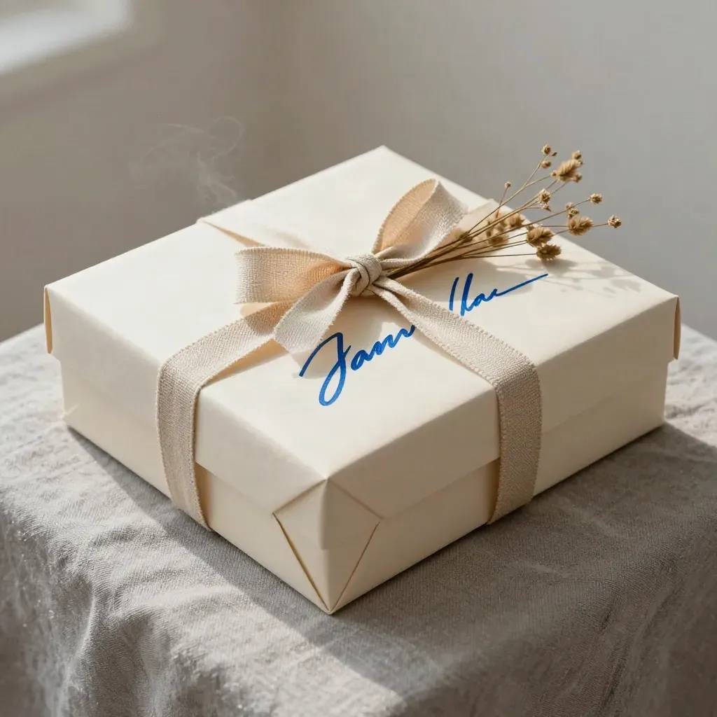 Caja de presentación con firma caligráfica azul, papel y cinta de lino junto a tallos secos.