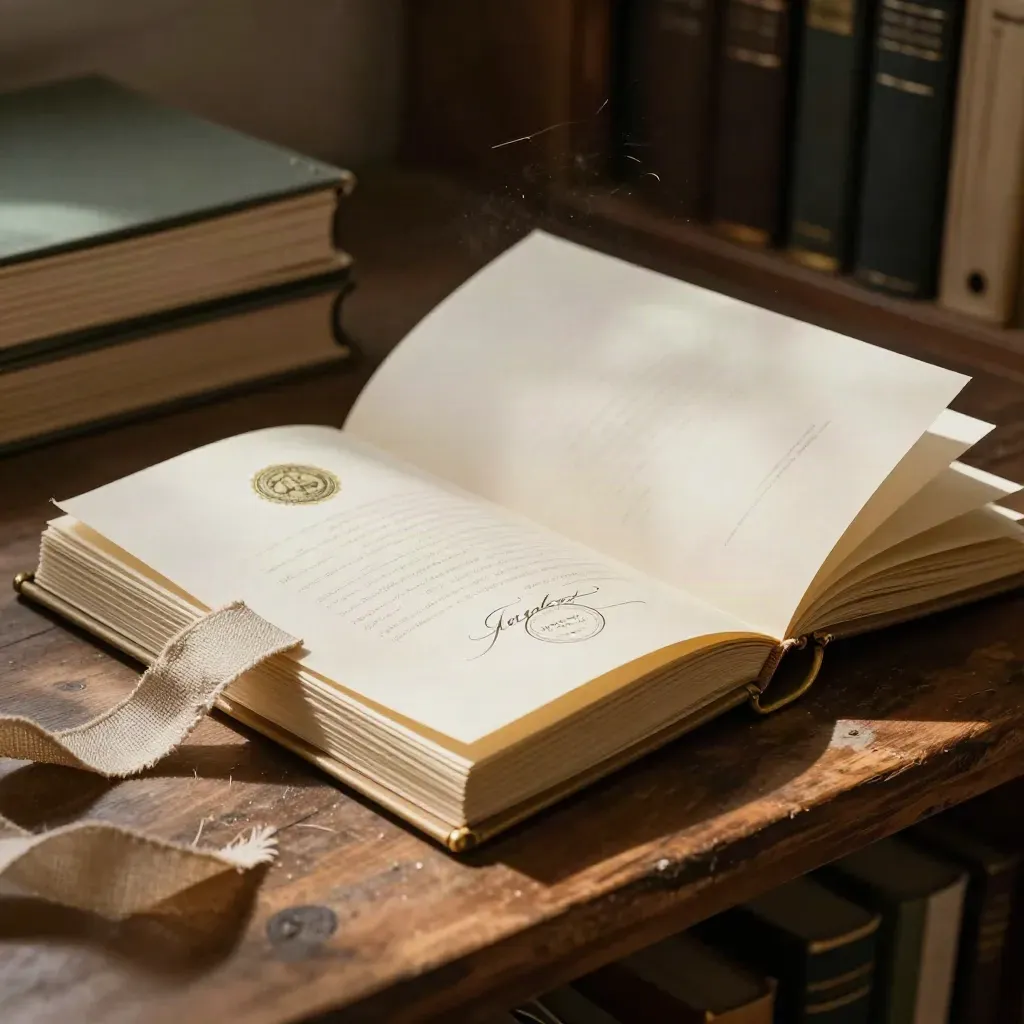 Carpeta de archivo abierta con certificados artesanales, sello seco y cinta de lino.