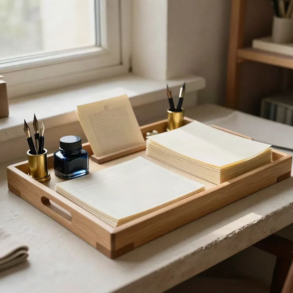 Kit de taller privado de caligrafía sobre bandeja de madera clara con tintas y papeles.