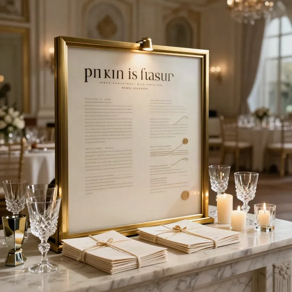 Señalética elegante de cena de empresa con velas, copas y menús en un salón grande.