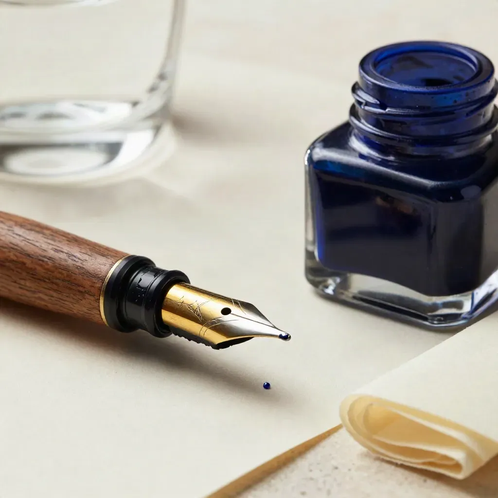 Plumilla de latón con tinta azul, portaplumas de nogal, tintero y copa sobre travertino.