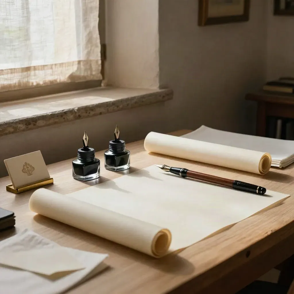 Mesa de caligrafía para dos con plumas, tinta y tarjetas en un taller luminoso