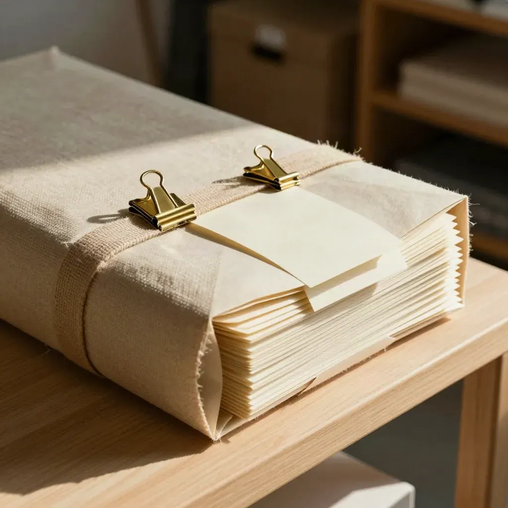 Paquete artesanal de producción con sobres protectores, cinta de lino y clips de latón.