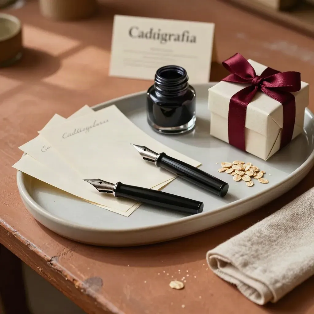 Bandeja artesanal con plumas de práctica, tinta, tarjetas y caja regalo sobre terracota.