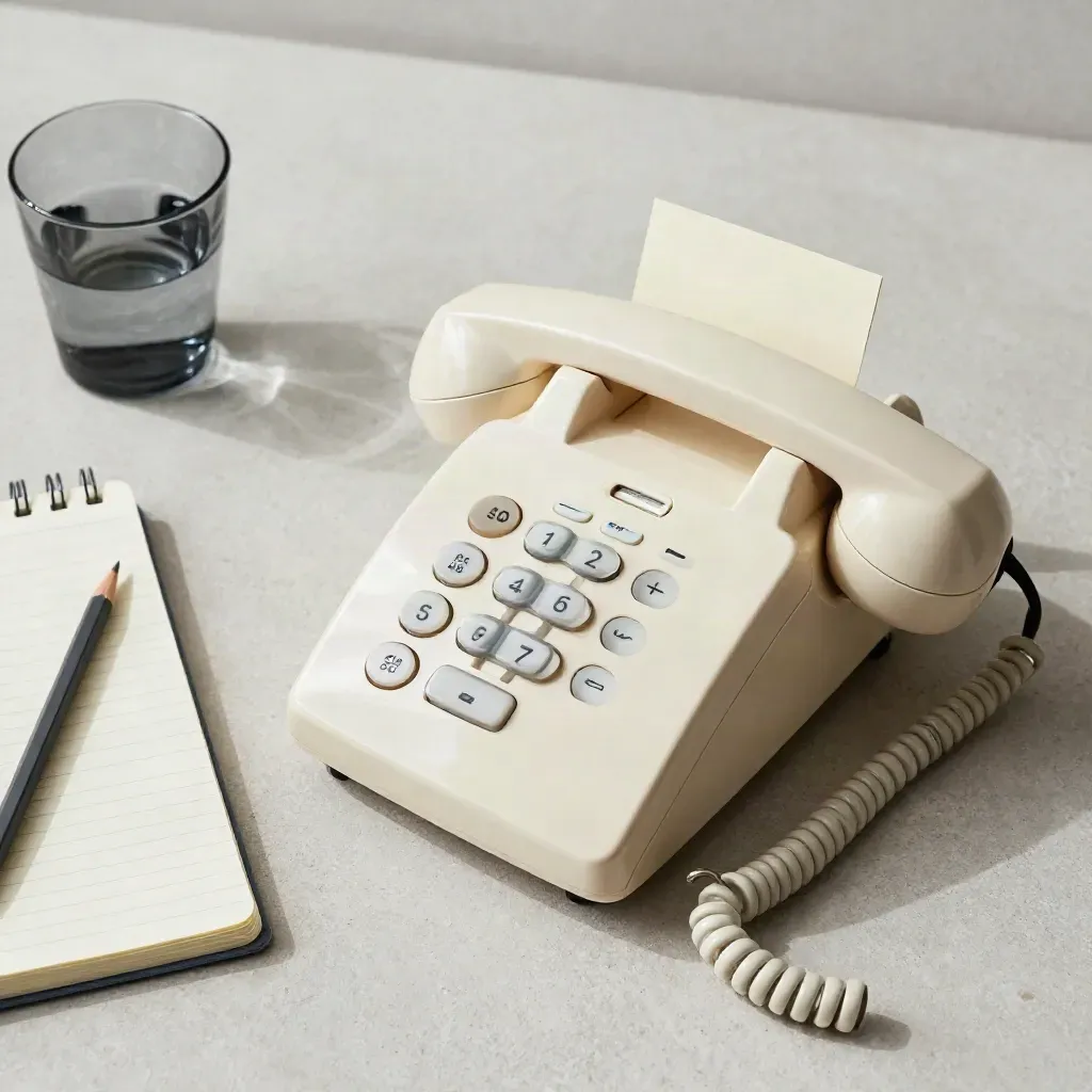 Teléfono crema, libreta cerrada, lápiz y vaso ahumado sobre piedra, vistos desde arriba.