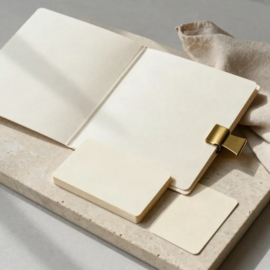 Carpeta de propuesta en lino, tarjetas de muestra, clip de latón y carta de color sobre bandeja de piedra.