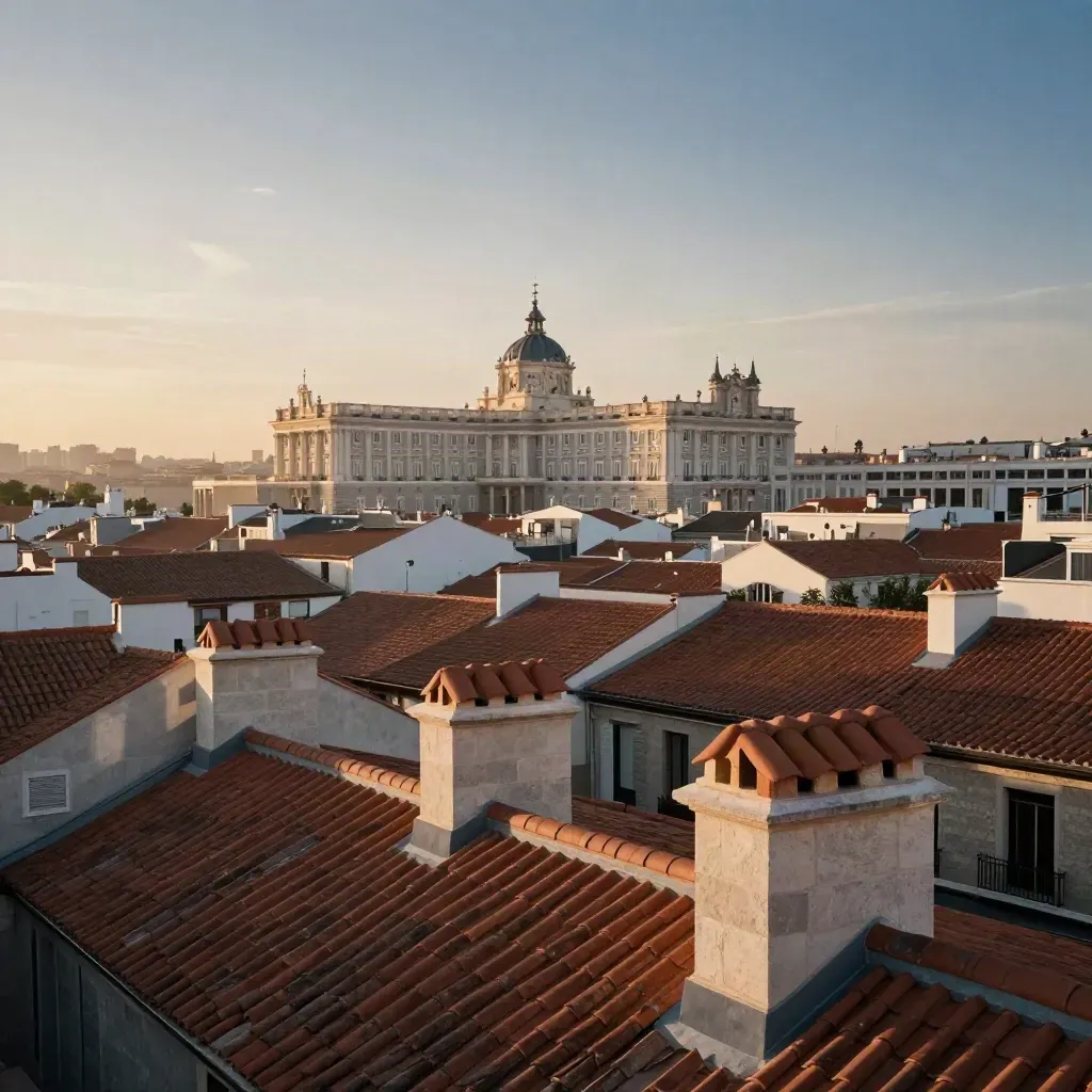 Tejados de Madrid al atardecer con el Palacio Real y una cúpula sobre neblina dorada.