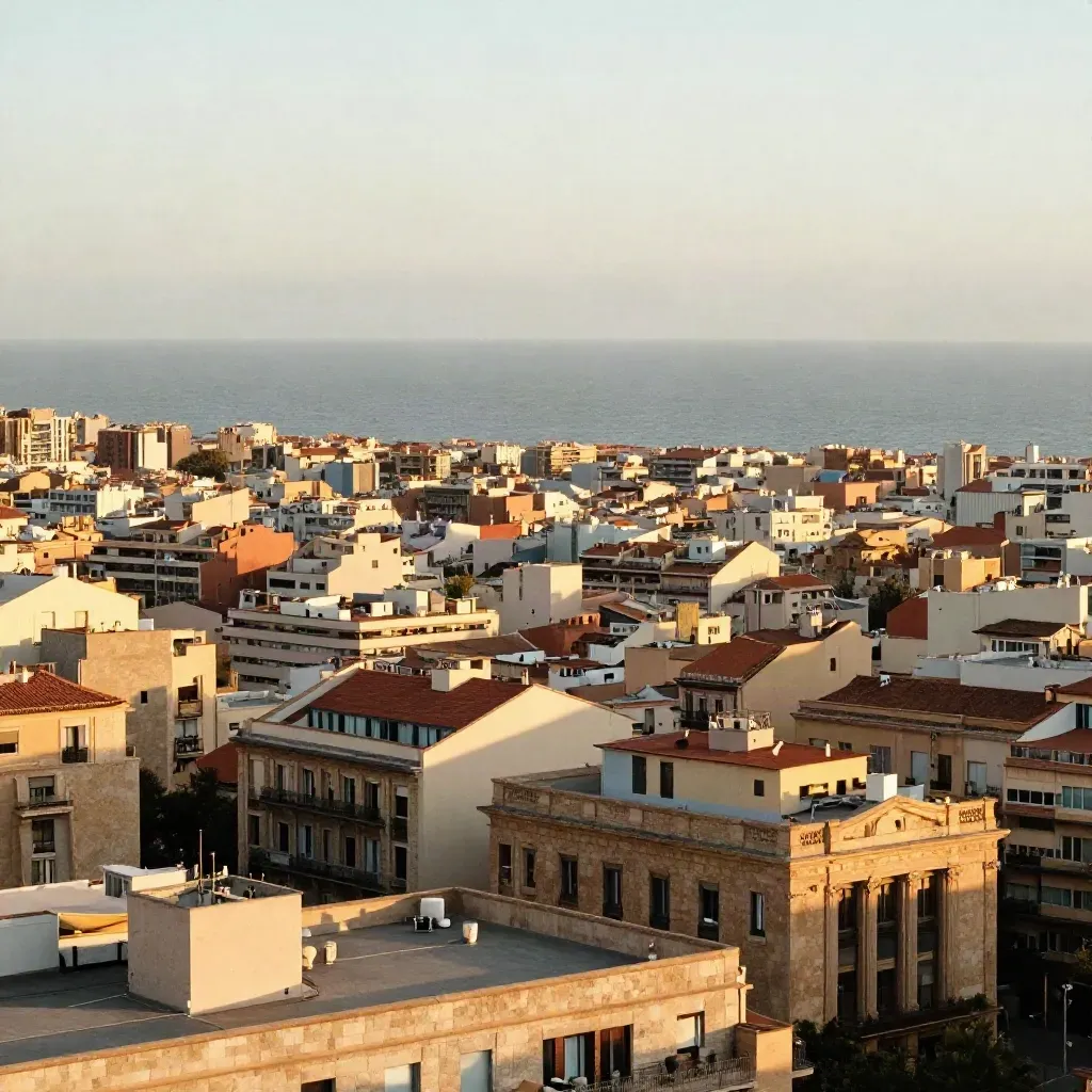 Vista dorada de Barcelona y su costa con el Eixample y el mar al fondo.