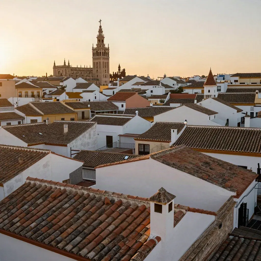 Azotea sevillana con tejados de barro, muros blancos y la Giralda al fondo en bruma dorada.
