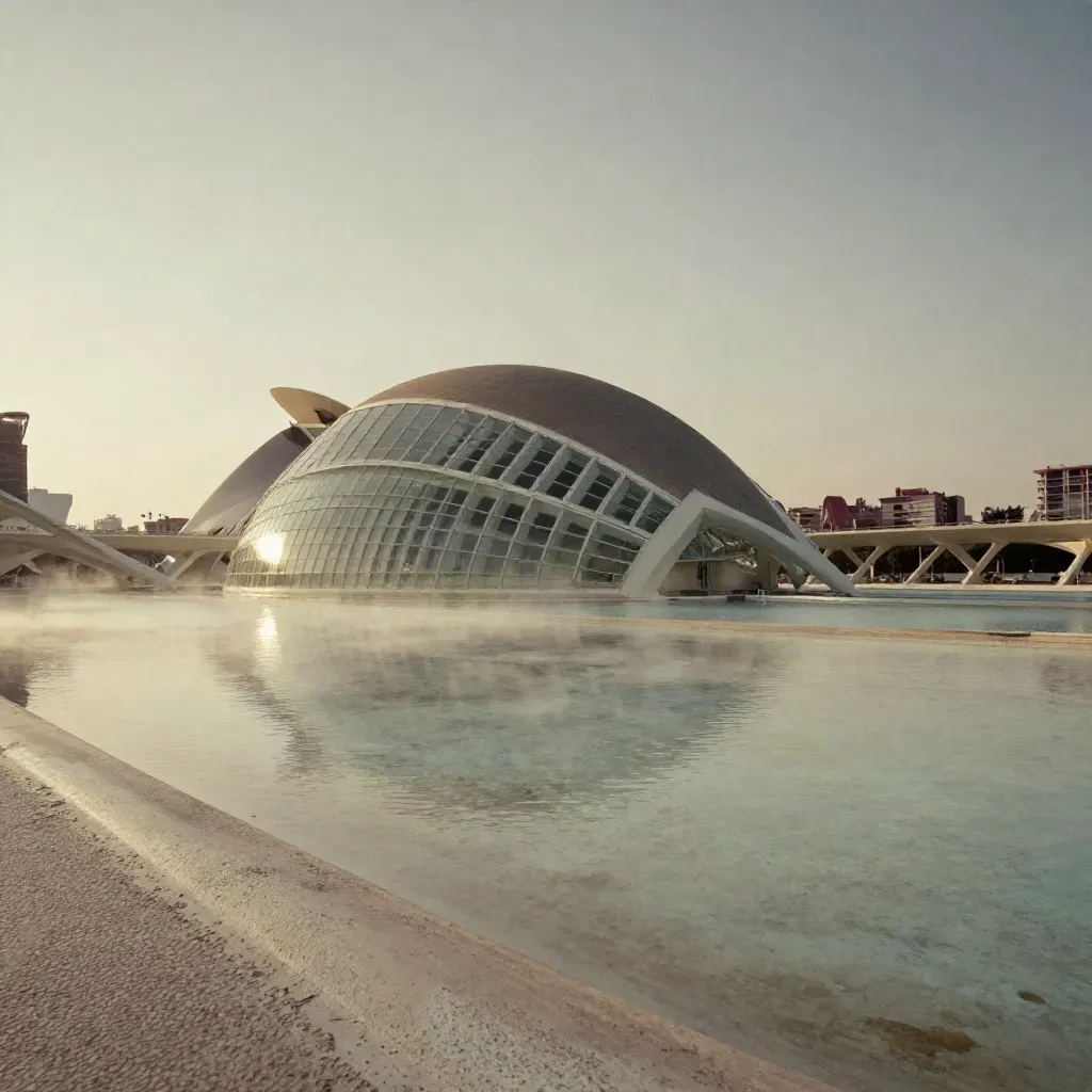 Vista alta de Valencia con la Ciudad de las Artes bajo un cielo amplio y brumoso