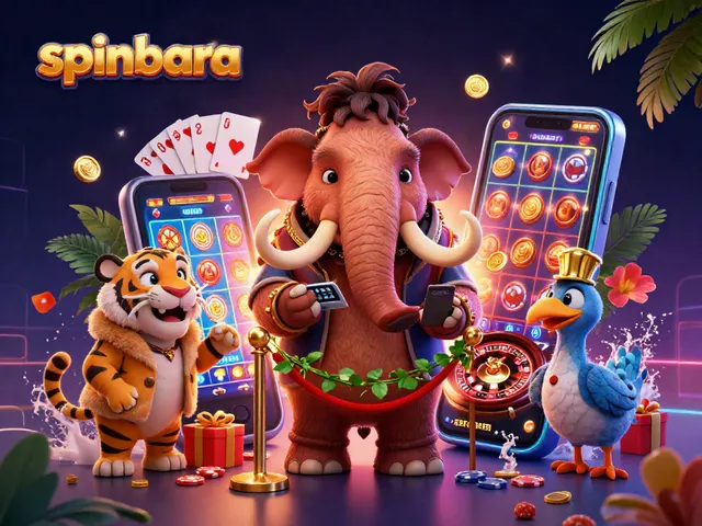 Experience spinbara with a vibrant scene illustrating a mammoth bouncer, tiger guest, and animated gambling elements.