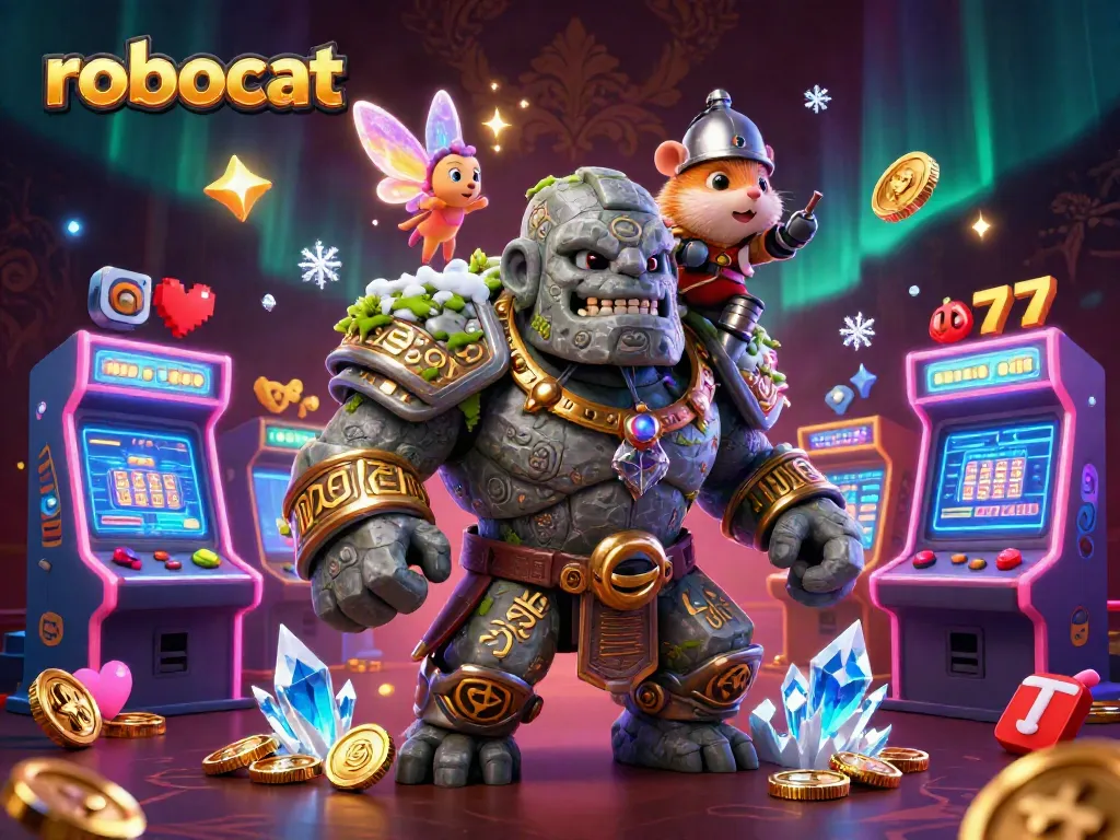 Play exciting casino games like robocat with vibrant characters and golden slots in a lively scene.