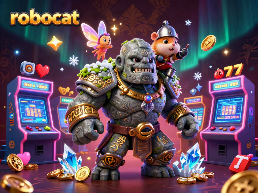 Play exciting casino games like robocat with vibrant characters and golden slots in a lively scene.