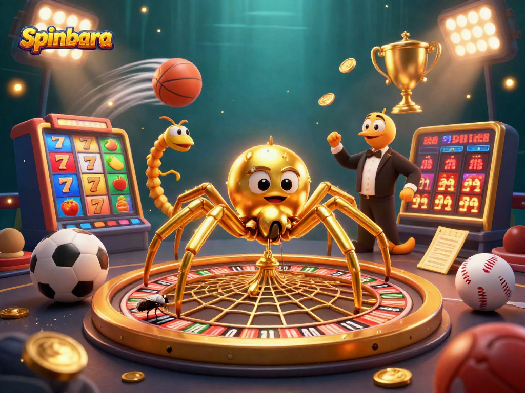 Spinbara features a thrilling 3D casino scene with a spider and a croupier managing bets.